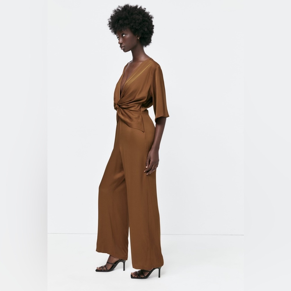 Zara Brown Satin Effect Twisted Effect Plunging Neckline Jumpsuit Size X… - Picture 6 of 16